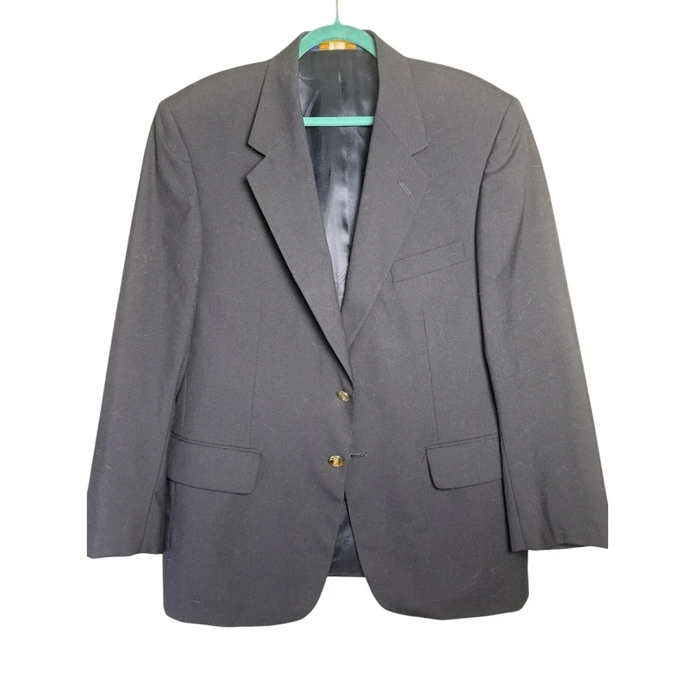 Savile‎ Row Navy Blue 100% Wool Two Gold Button Blazer Jacket Size 42 Short